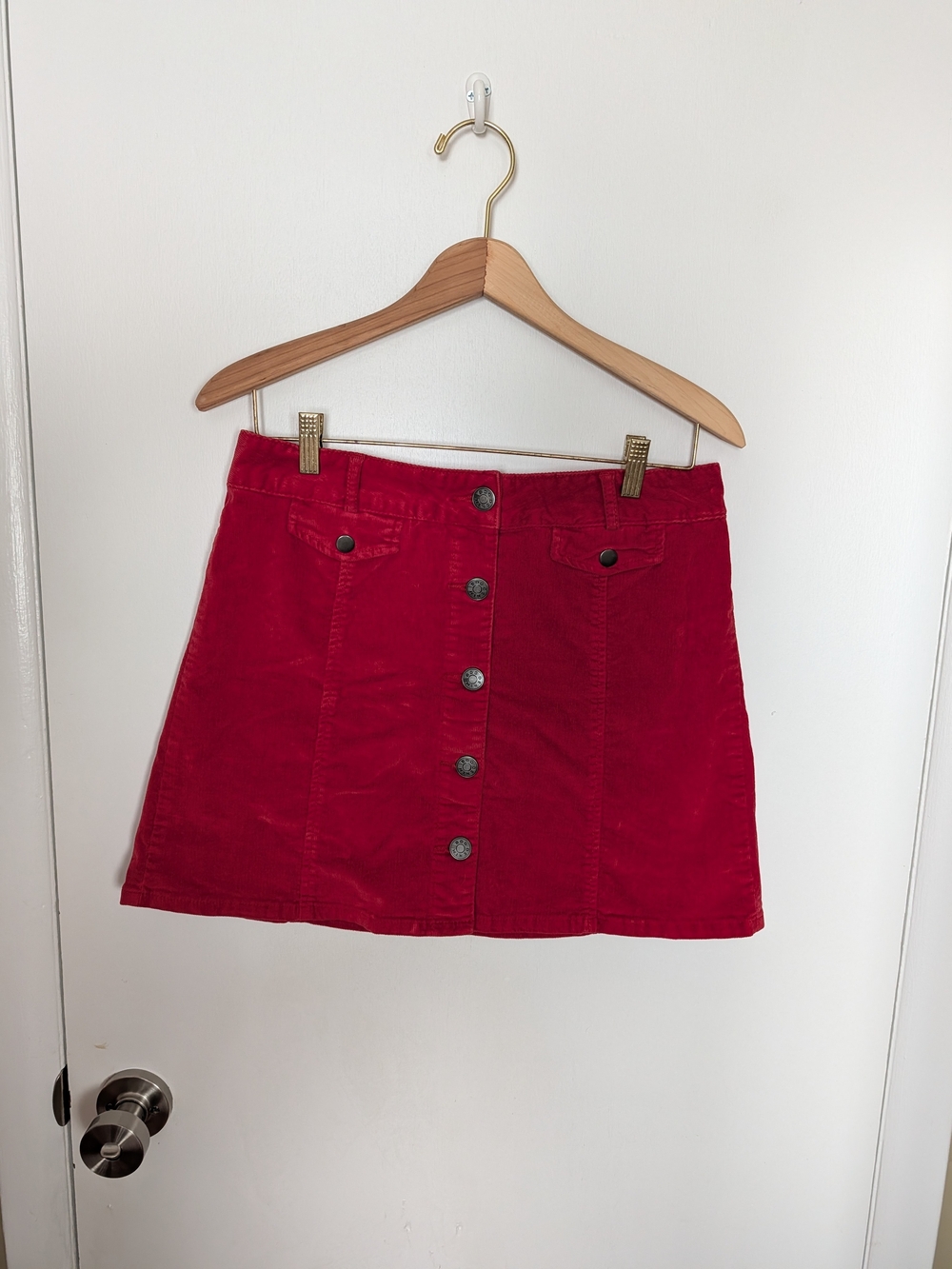 BDG Red Button-Front Corduroy Mini Skirt